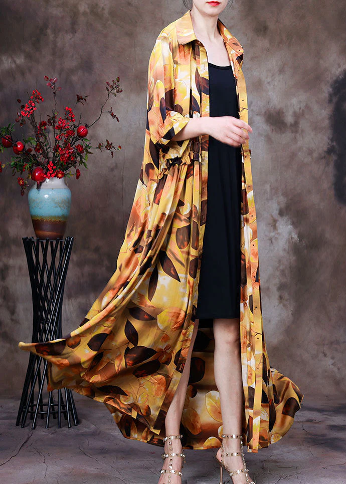 Plus Size Yellow Peter Pan Collar Print Wrinkled Silk Long Shirt Dress Half Sleeve - Image 2
