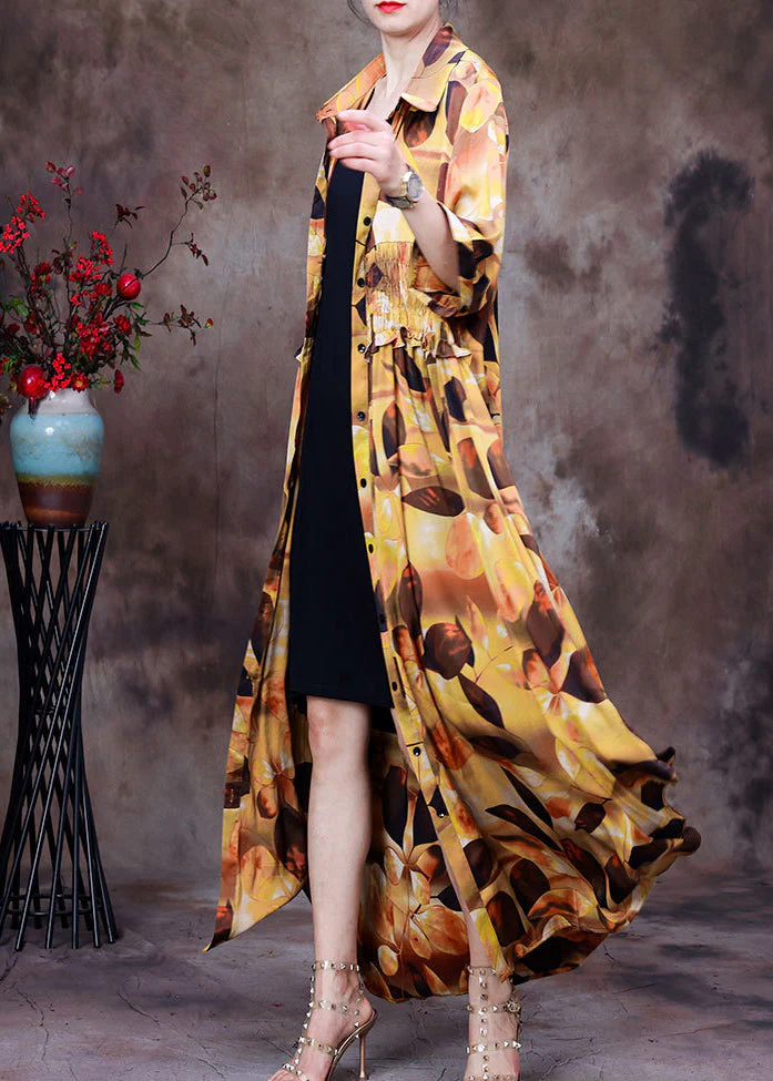 Plus Size Yellow Peter Pan Collar Print Wrinkled Silk Long Shirt Dress Half Sleeve - Image 3