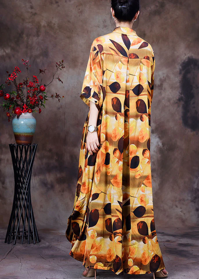 Plus Size Yellow Peter Pan Collar Print Wrinkled Silk Long Shirt Dress Half Sleeve - Image 4