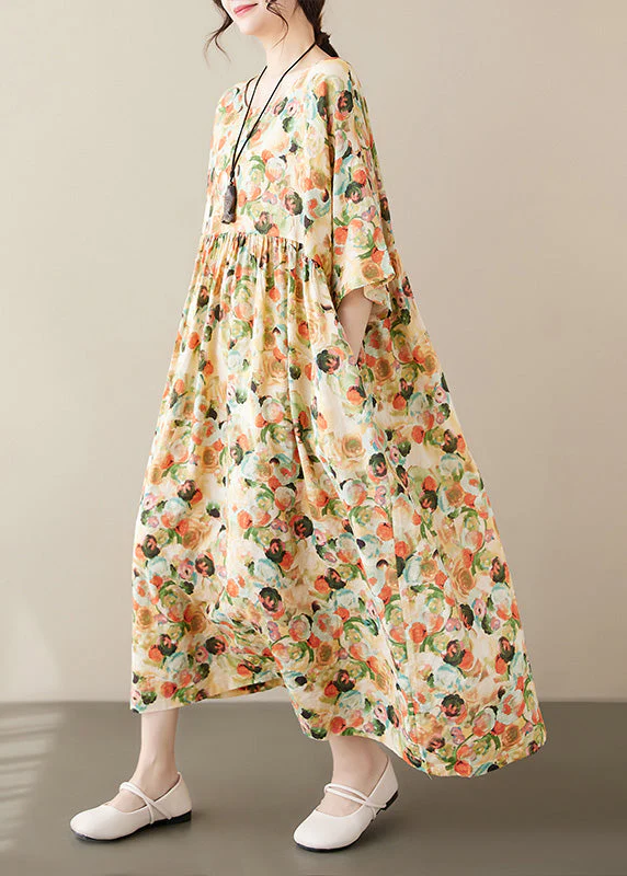 Plus Size Yellow Print Patchwork Holiday Maxi Dress Short Sleeve - Image 2