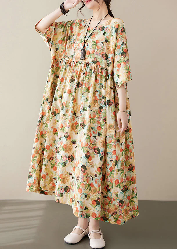 Plus Size Yellow Print Patchwork Holiday Maxi Dress Short Sleeve - Image 3