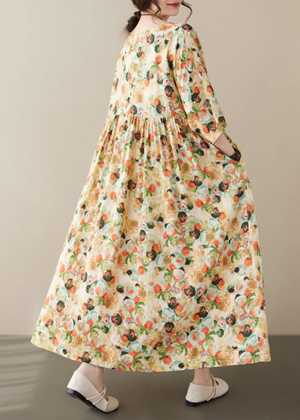 Plus Size Yellow Print Patchwork Holiday Maxi Dress Short Sleeve - Image 4