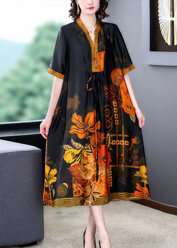 Plus Size Yellow Print Pockets Wrinkled Patchwork Silk Dress Summer - Image 2