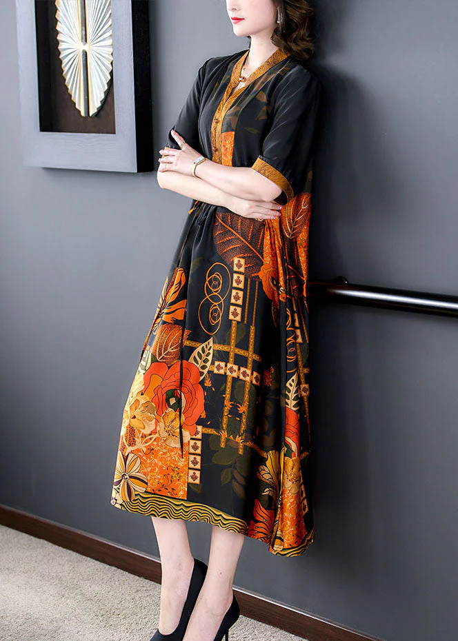 Plus Size Yellow Print Pockets Wrinkled Patchwork Silk Dress Summer - Image 3