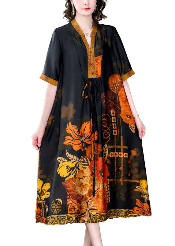Plus Size Yellow Print Pockets Wrinkled Patchwork Silk Dress Summer - Image 5