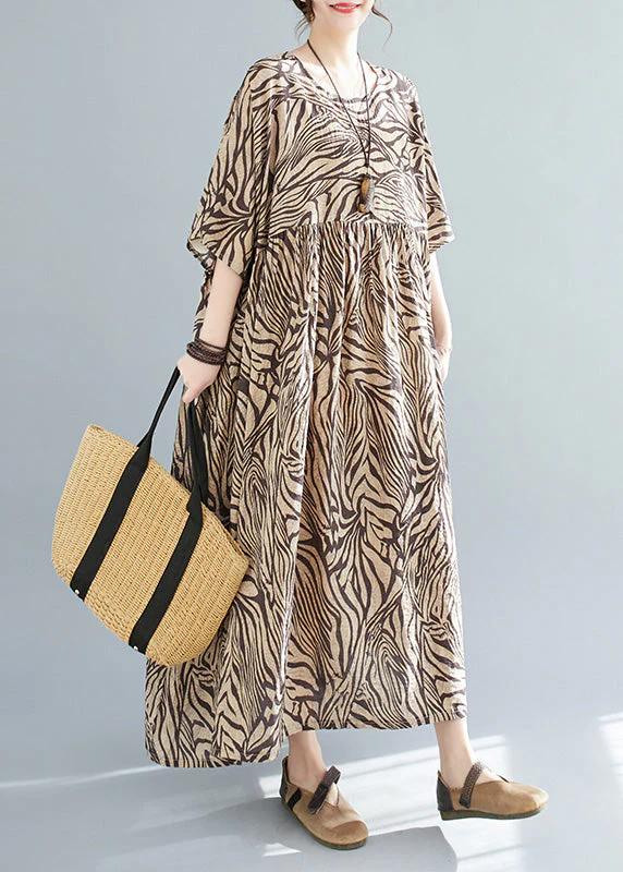 Plus Size Yellow Print Wrinkled Cotton Vacation Long Dresses Short Sleeve - Image 2