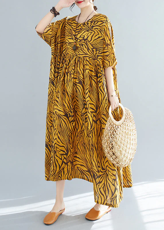 Plus Size Yellow Print Wrinkled Cotton Vacation Long Dresses Short Sleeve - Image 3