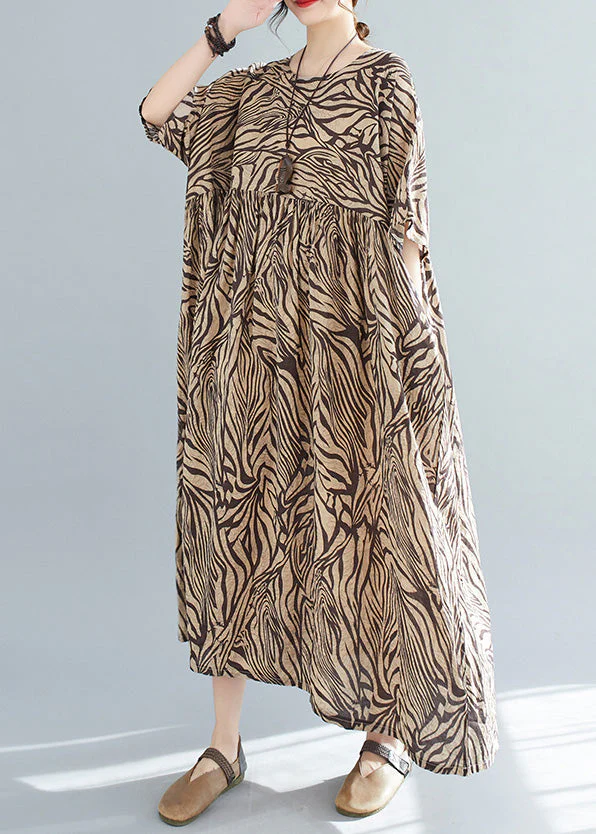 Plus Size Yellow Print Wrinkled Cotton Vacation Long Dresses Short Sleeve - Image 4