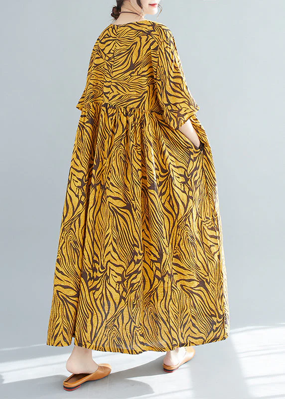 Plus Size Yellow Print Wrinkled Cotton Vacation Long Dresses Short Sleeve - Image 5