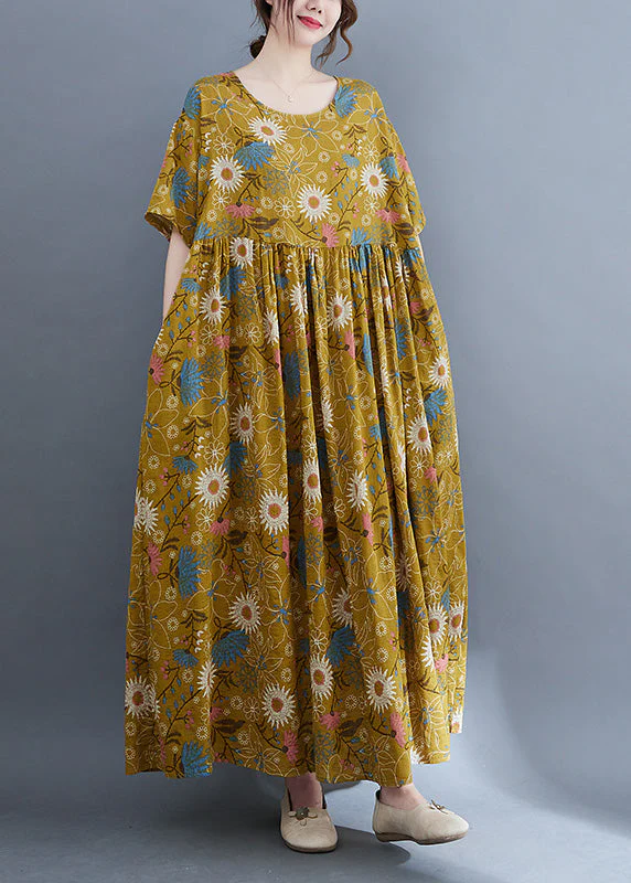 Plus Size Yellow Print Wrinkled Holiday Long Dresses Summer - Image 2