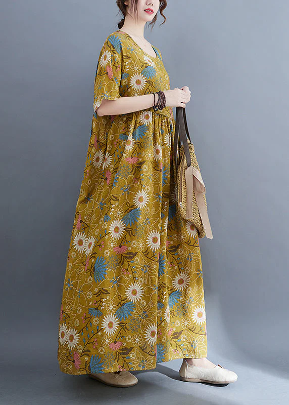 Plus Size Yellow Print Wrinkled Holiday Long Dresses Summer - Image 3