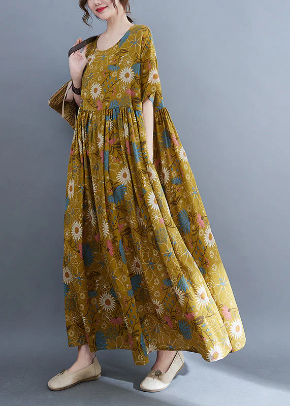 Plus Size Yellow Print Wrinkled Holiday Long Dresses Summer - Image 4