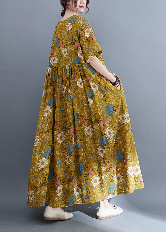 Plus Size Yellow Print Wrinkled Holiday Long Dresses Summer - Image 5
