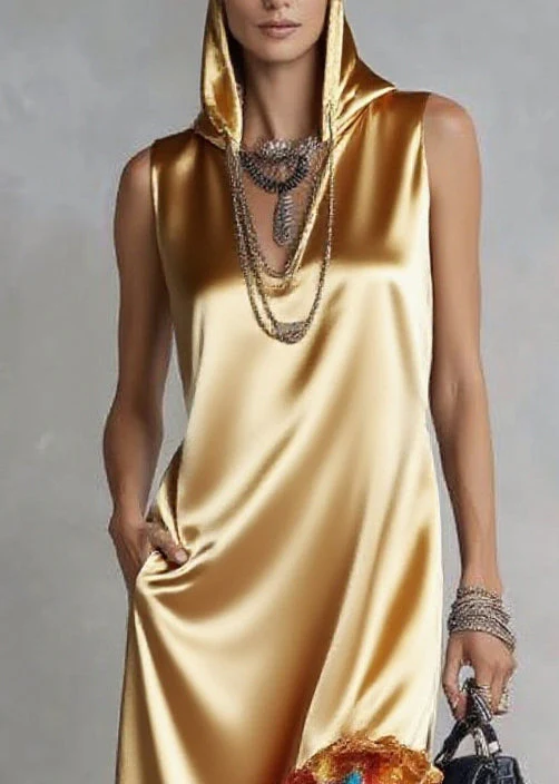 Plus Size Yellow Ruffled Asymmetrical Design Silk Hooded Dress Sleeveless - Image 2
