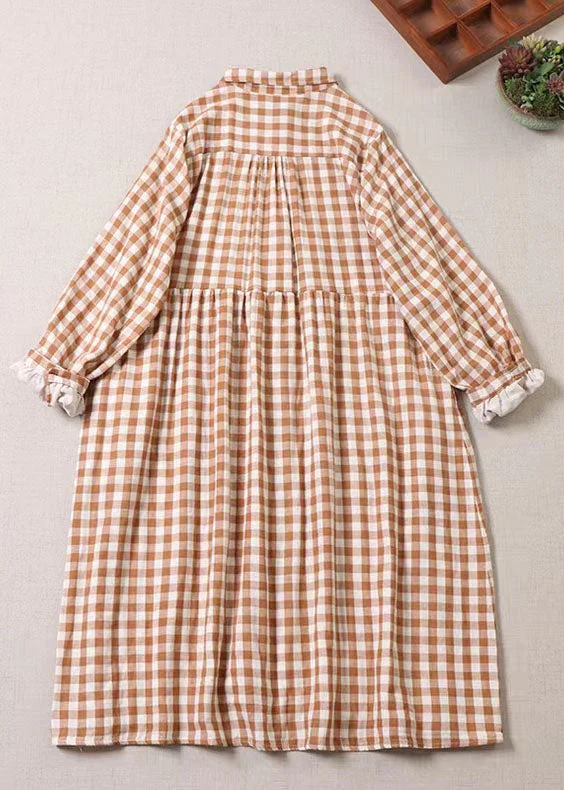 Plus Size Orange Ruffled Pockets Plaid Dress Spring - Image 2