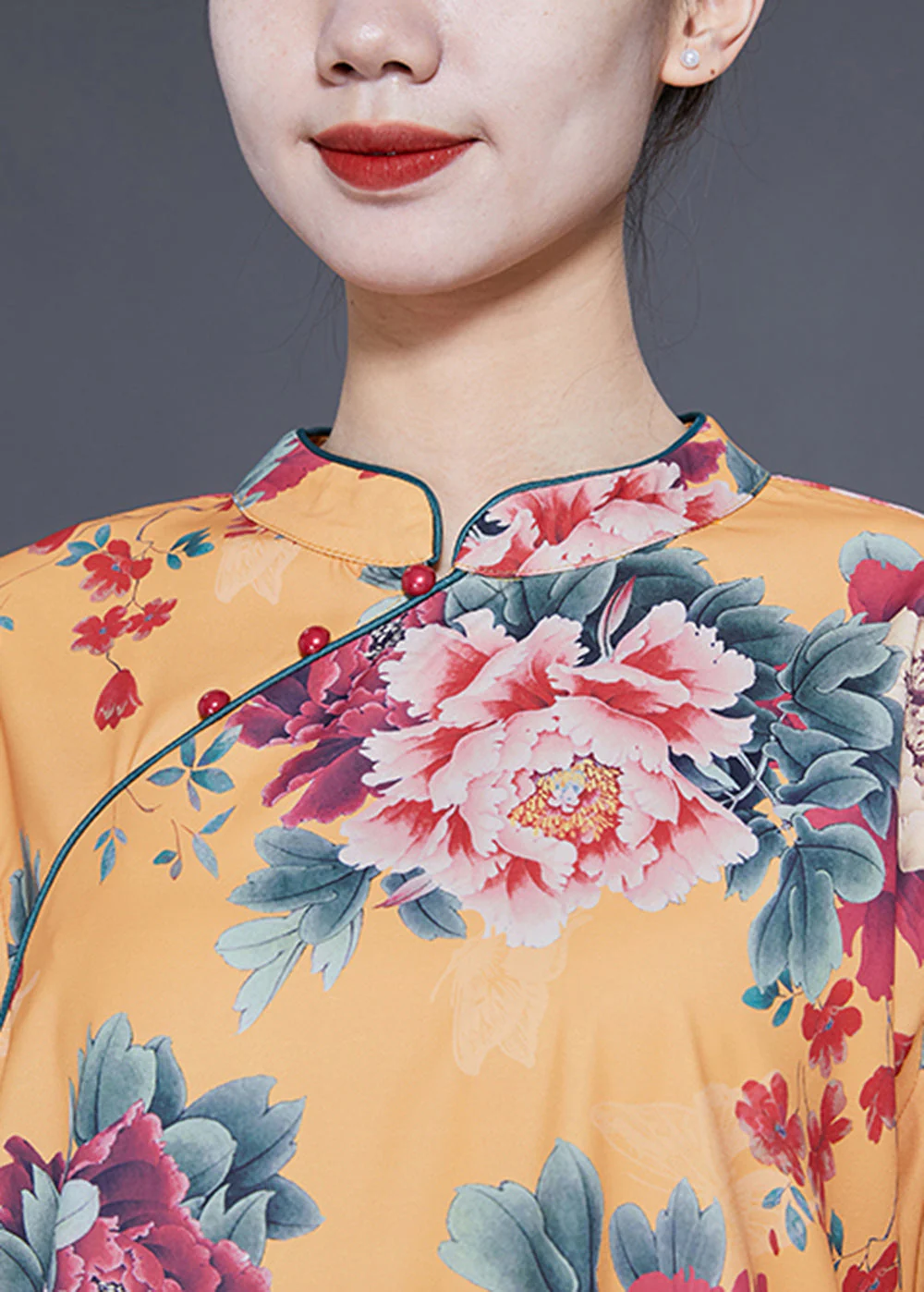 Plus Size Yellow Stand Collar Print Silk Dresses Bracelet Sleeve - Image 5