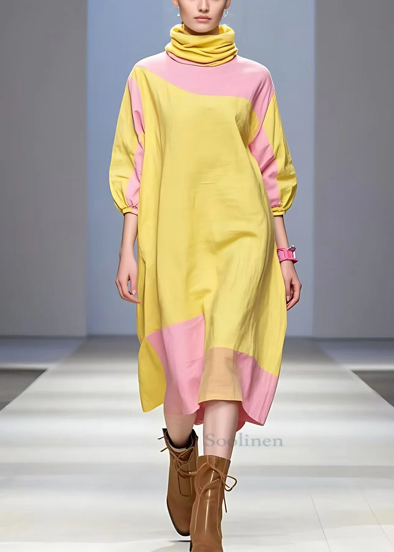 Plus Size Yellow Turtleneck Patchwork Cotton Dress Half Sleeve - Image 2
