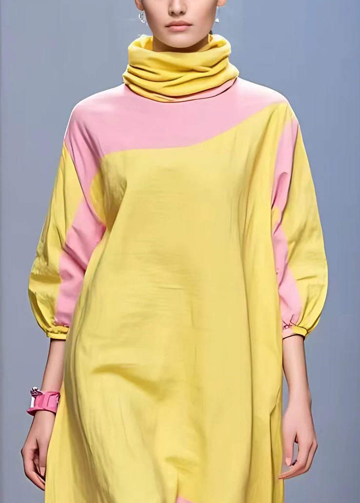 Plus Size Yellow Turtleneck Patchwork Cotton Dress Half Sleeve - Image 3