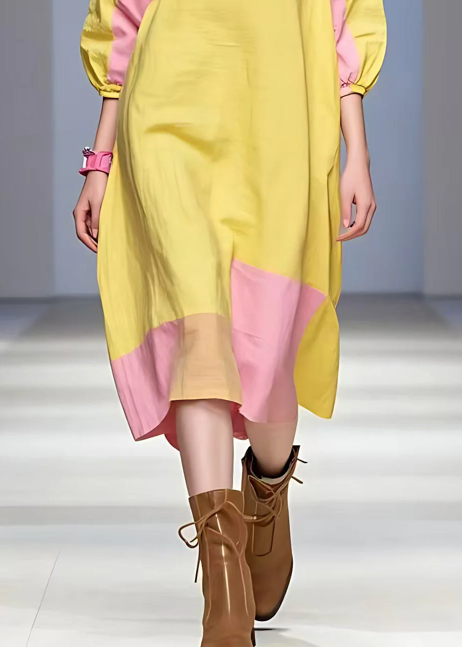 Plus Size Yellow Turtleneck Patchwork Cotton Dress Half Sleeve - Image 4