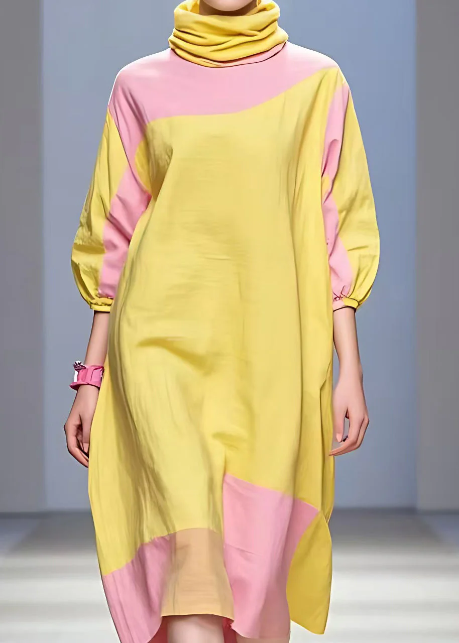 Plus Size Yellow Turtleneck Patchwork Cotton Dress Half Sleeve - Image 5