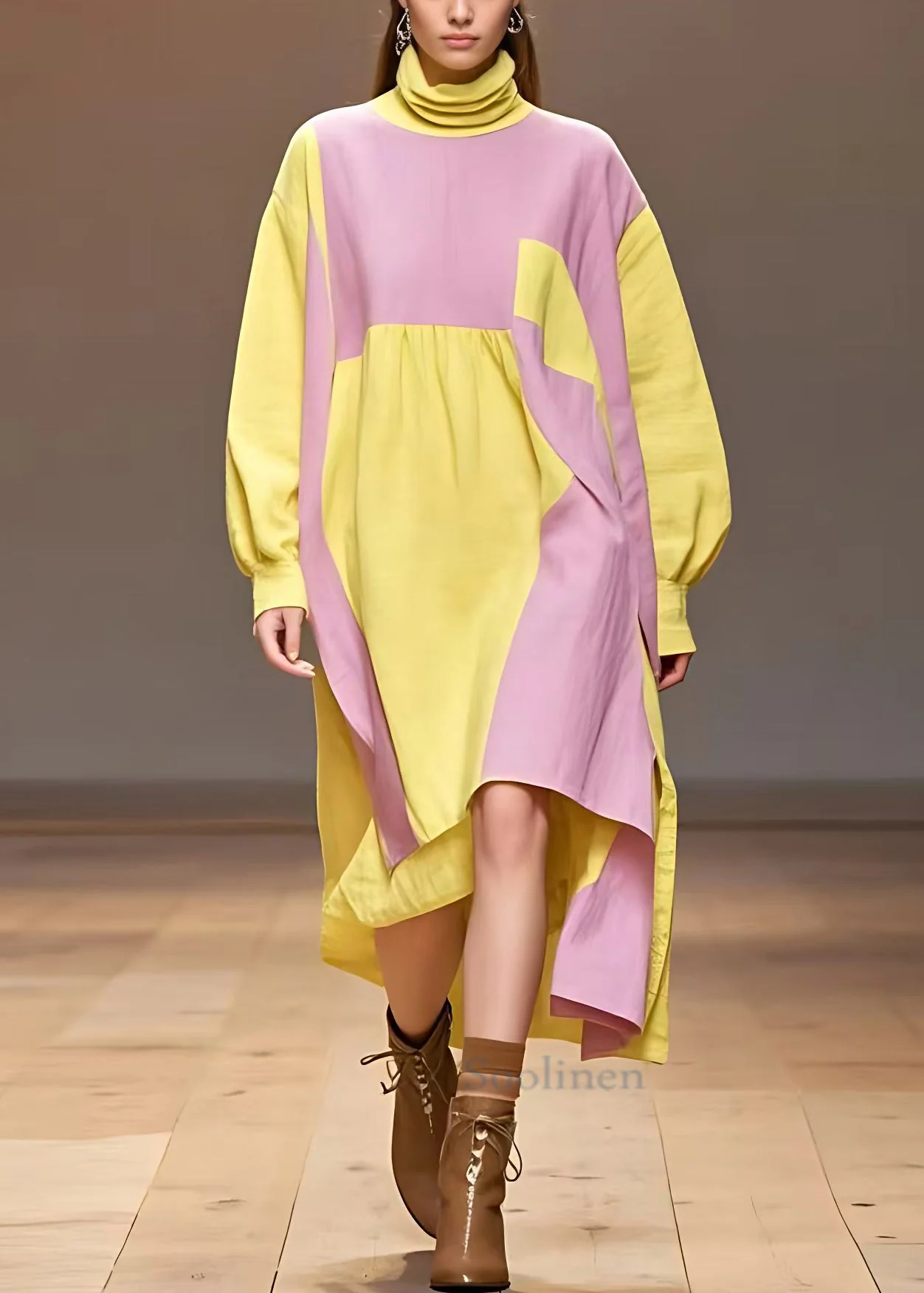 Plus Size Yellow Turtleneck Patchwork Cotton Dresses Long Sleeve - Image 2