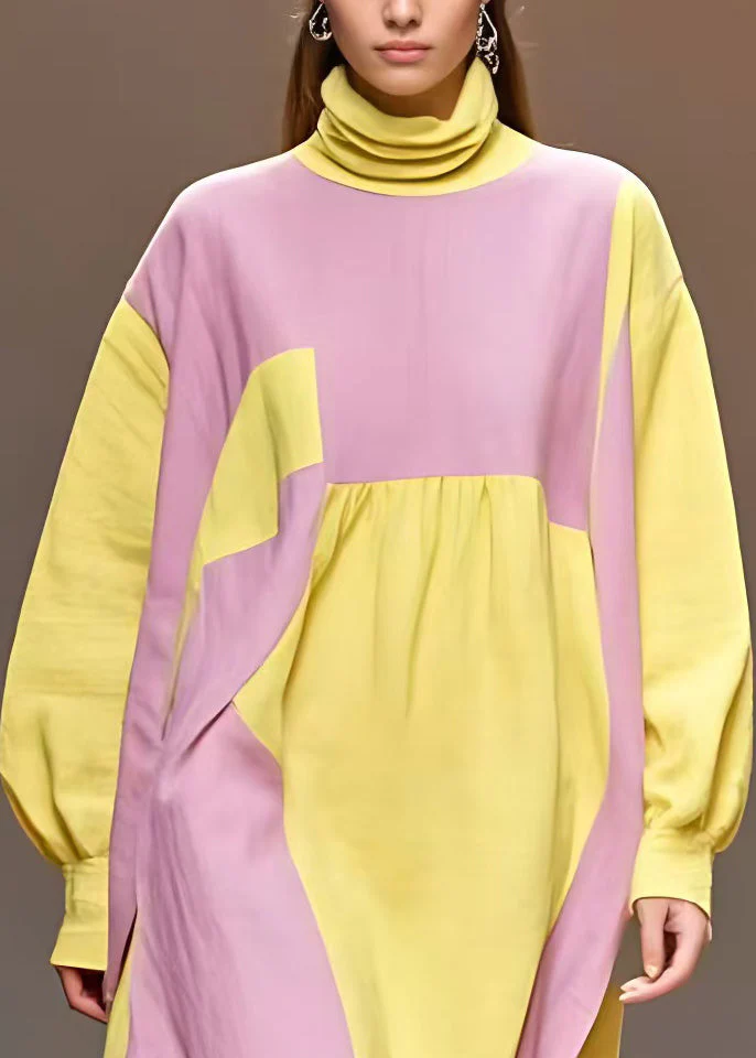 Plus Size Yellow Turtleneck Patchwork Cotton Dresses Long Sleeve - Image 3