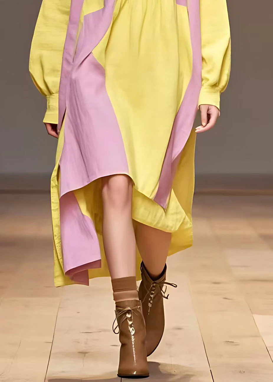 Plus Size Yellow Turtleneck Patchwork Cotton Dresses Long Sleeve - Image 4