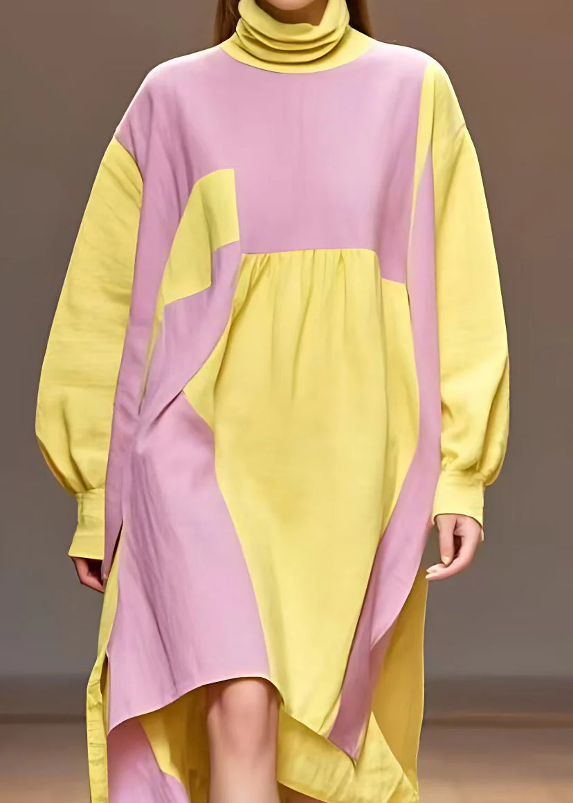 Plus Size Yellow Turtleneck Patchwork Cotton Dresses Long Sleeve - Image 5