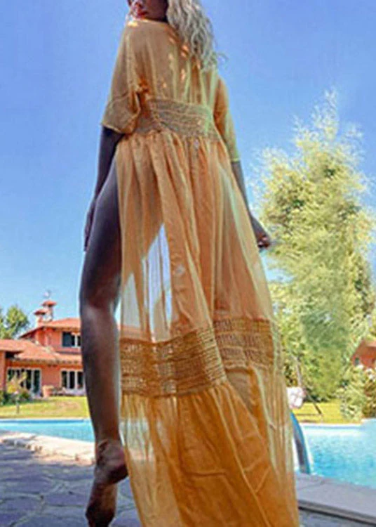 Plus Size Yellow V Neck Lace Patchwork Tie Waist Long Holiday Dress Short Sleeve - Image 2