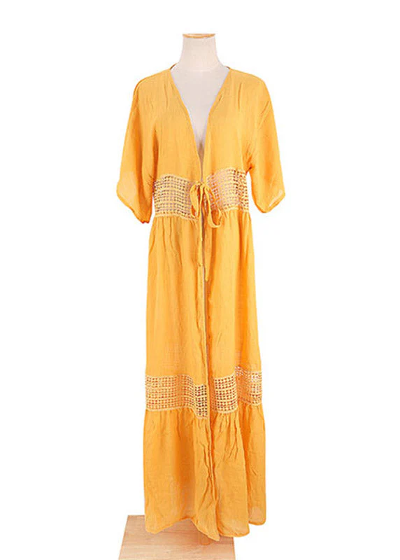 Plus Size Yellow V Neck Lace Patchwork Tie Waist Long Holiday Dress Short Sleeve - Image 3