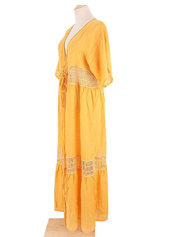 Plus Size Yellow V Neck Lace Patchwork Tie Waist Long Holiday Dress Short Sleeve - Image 4
