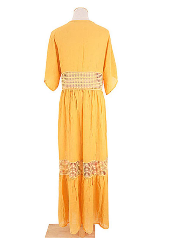 Plus Size Yellow V Neck Lace Patchwork Tie Waist Long Holiday Dress Short Sleeve - Image 5