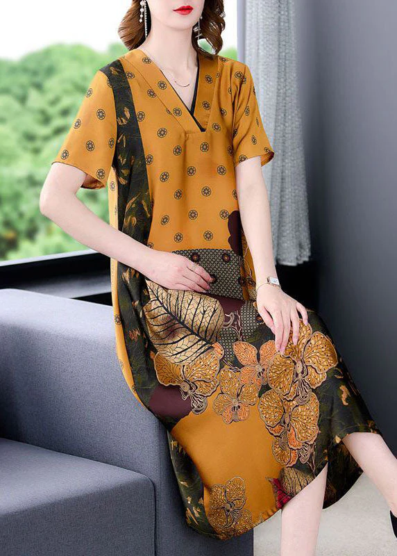 Plus Size Yellow V Neck Print Silk Long Dress Summer - Image 2