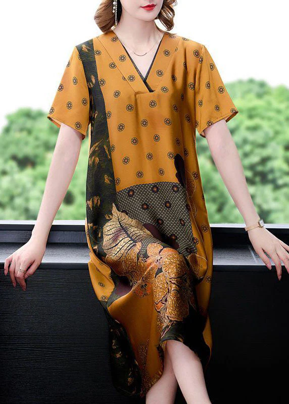 Plus Size Yellow V Neck Print Silk Long Dress Summer - Image 3