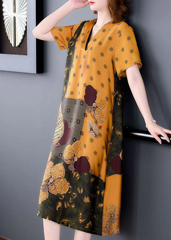 Plus Size Yellow V Neck Print Silk Long Dress Summer - Image 4