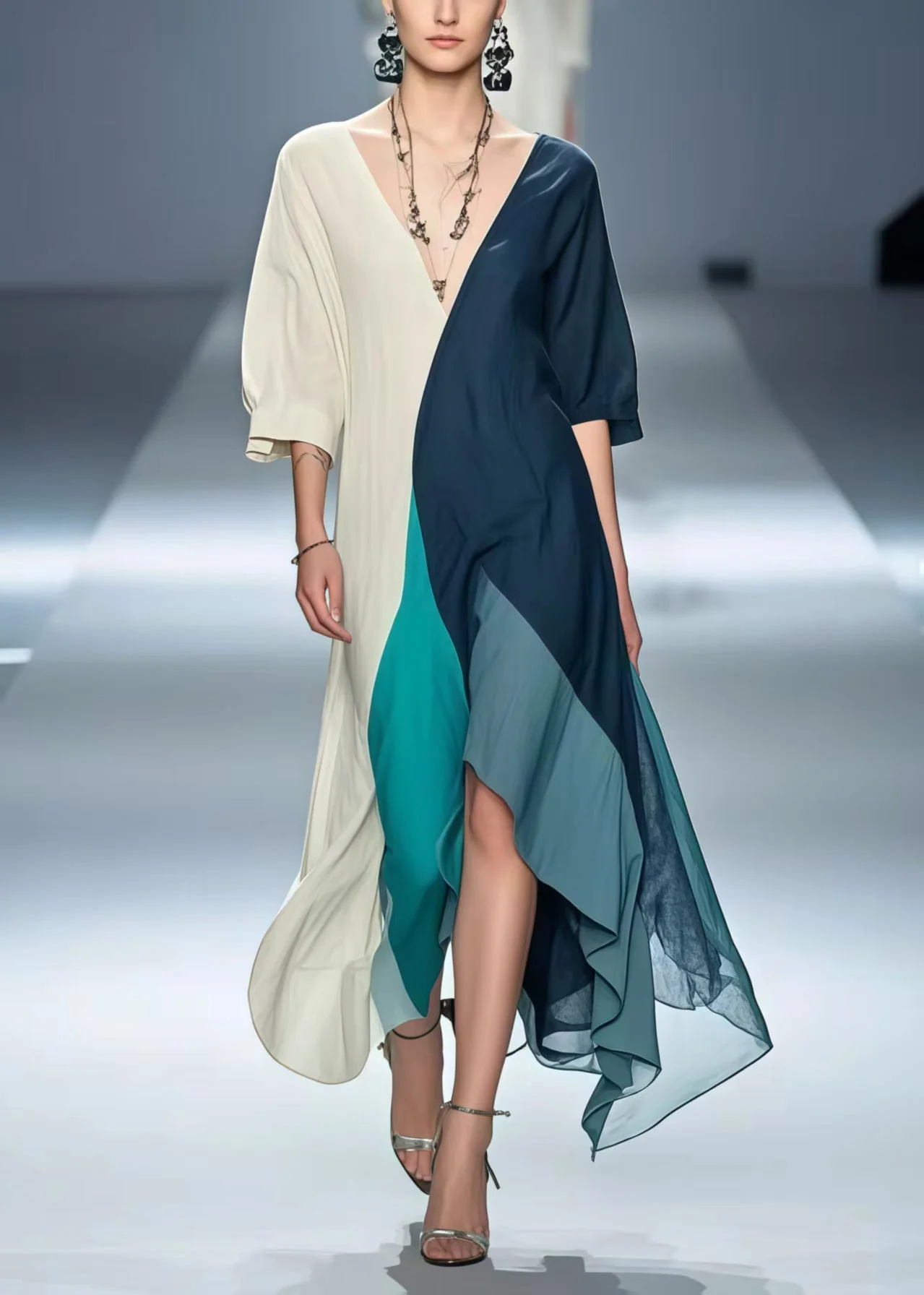 Polychrome Patchwork Cotton Robe Dresses Asymmetrical Summer - Image 3