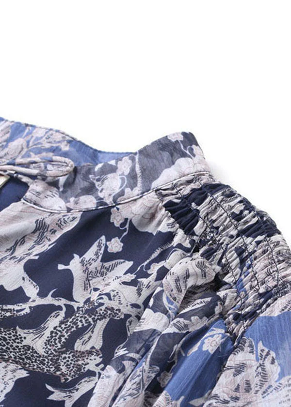 Print Chiffon A Line Dress Stand Collar Lace Up Short Sleeve - Image 4