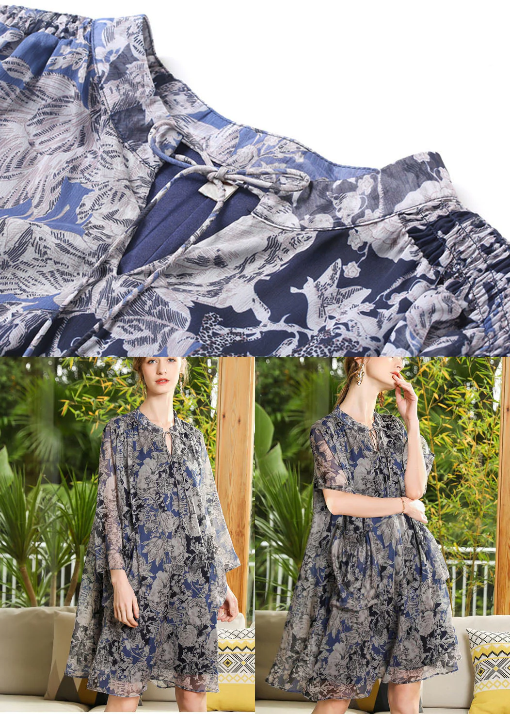 Print Chiffon A Line Dress Stand Collar Lace Up Short Sleeve - Image 5