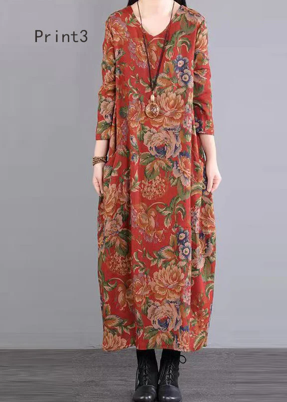 Print Patchwork Loose Cotton Long Dress V Neck Fall - Image 2