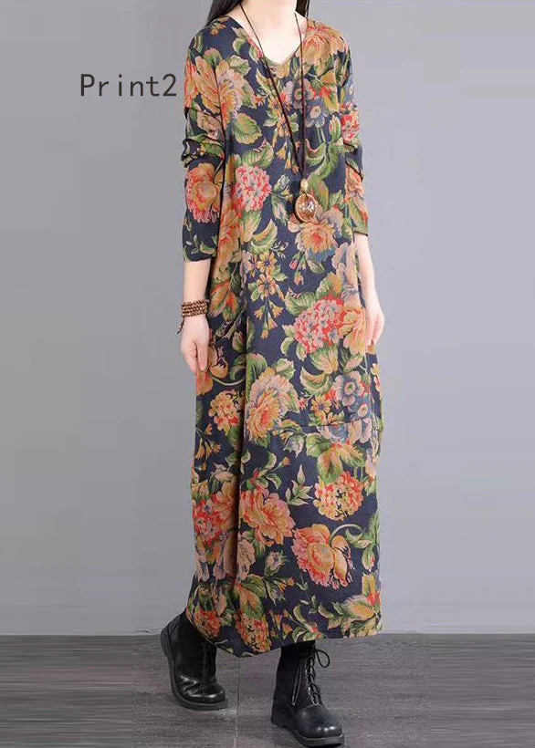 Print Patchwork Loose Cotton Long Dress V Neck Fall - Image 4