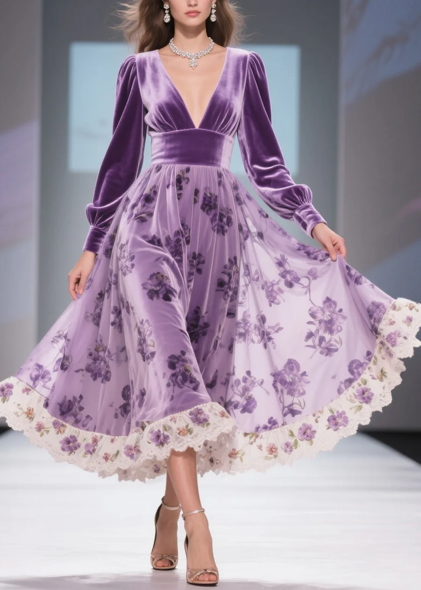 Print Wrinkled High Waist Patchwork Silk Velvet Long Dresses V Neck Spring