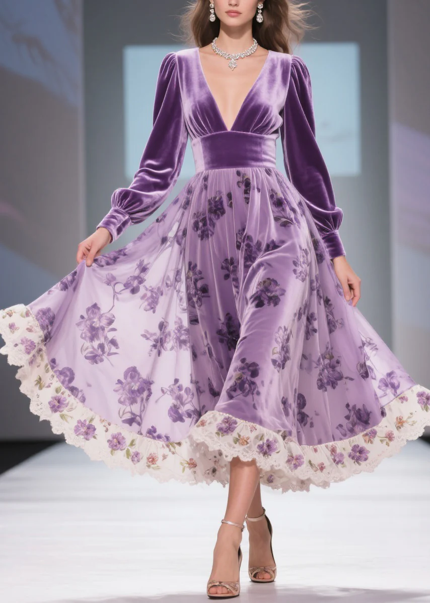 Print Wrinkled High Waist Patchwork Silk Velvet Long Dresses V Neck Spring - Image 3