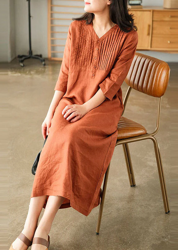 Print1 Loose Linen Long Dresses Button Solid Half Sleeve - Image 3