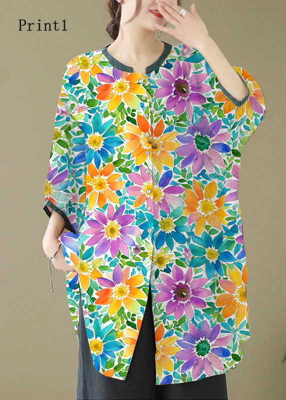 Print3 Linen Shirt Dresses O-Neck Oversized Lantern Sleeve - Image 3