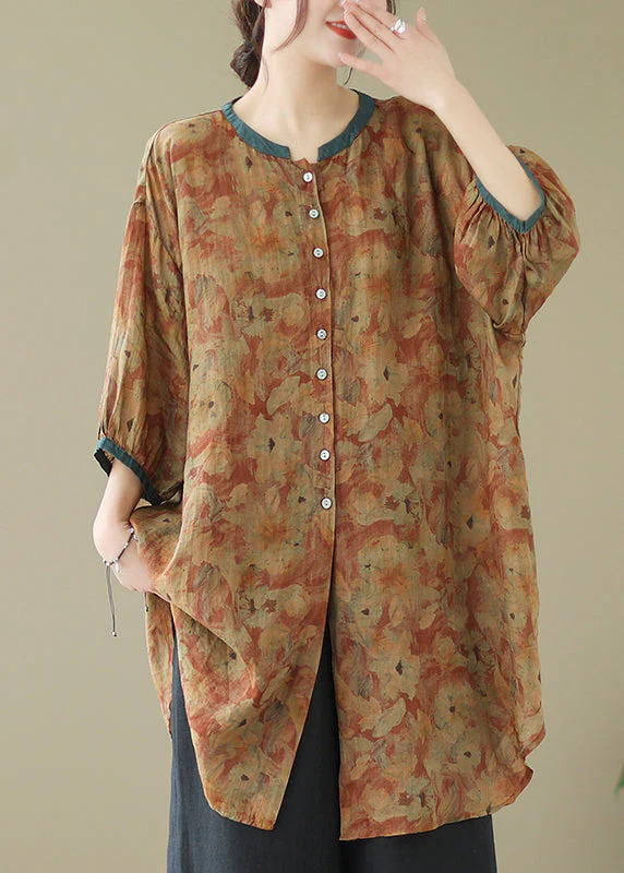 Print3 Linen Shirt Dresses O-Neck Oversized Lantern Sleeve - Image 4