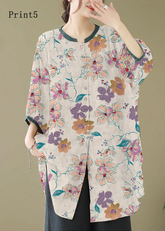 Print4 Linen Shirt Dresses O-Neck Oversized Lantern Sleeve - Image 10