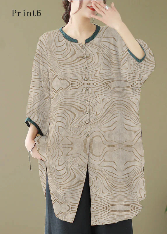 Print4 Linen Shirt Dresses O-Neck Oversized Lantern Sleeve - Image 11