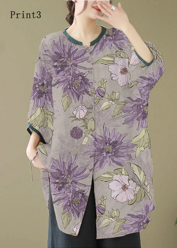 Print4 Linen Shirt Dresses O-Neck Oversized Lantern Sleeve - Image 2