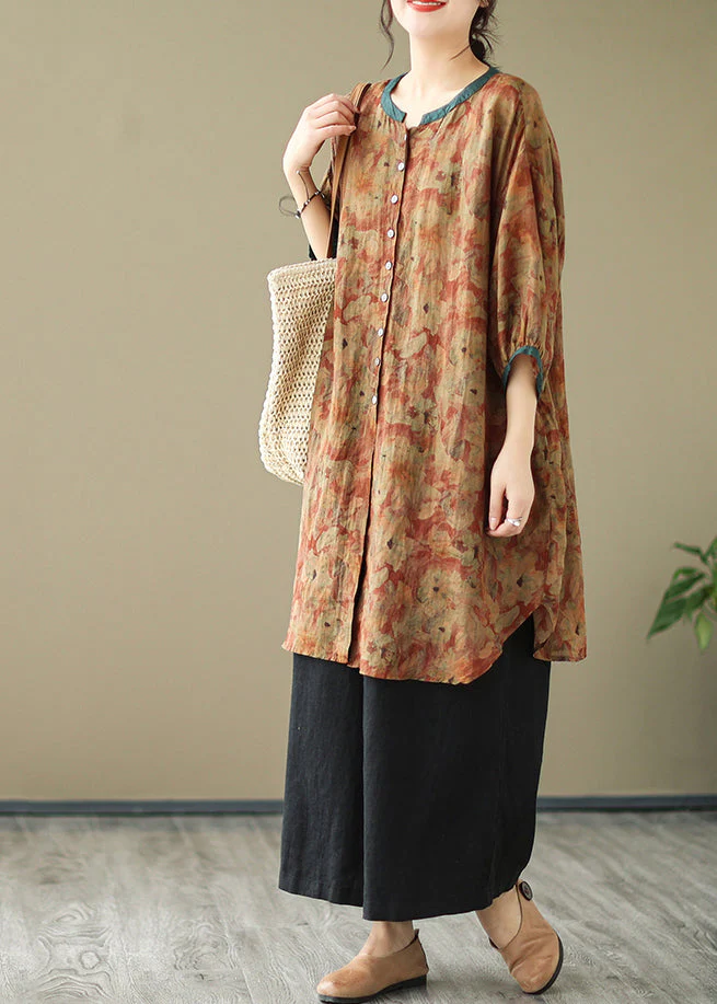 Print4 Linen Shirt Dresses O-Neck Oversized Lantern Sleeve - Image 7