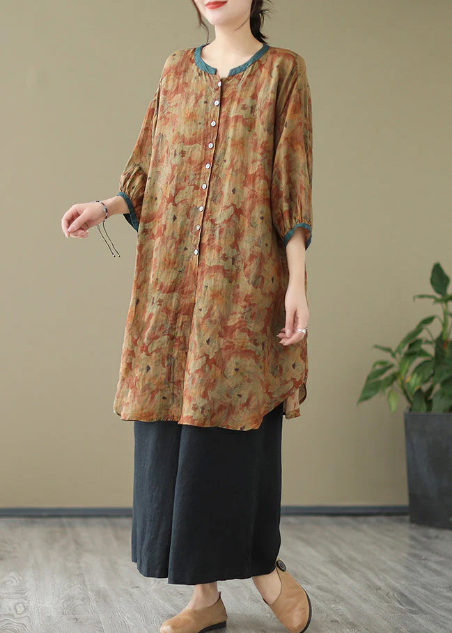 Print4 Linen Shirt Dresses O-Neck Oversized Lantern Sleeve - Image 8